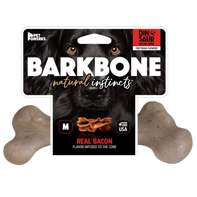 Pet Qwerks BarkBone Natural Instincts Bacon Infused Dinosaur Nylon Bone Dog Chew Toys for Aggressive Chewers Real Bacon Medium