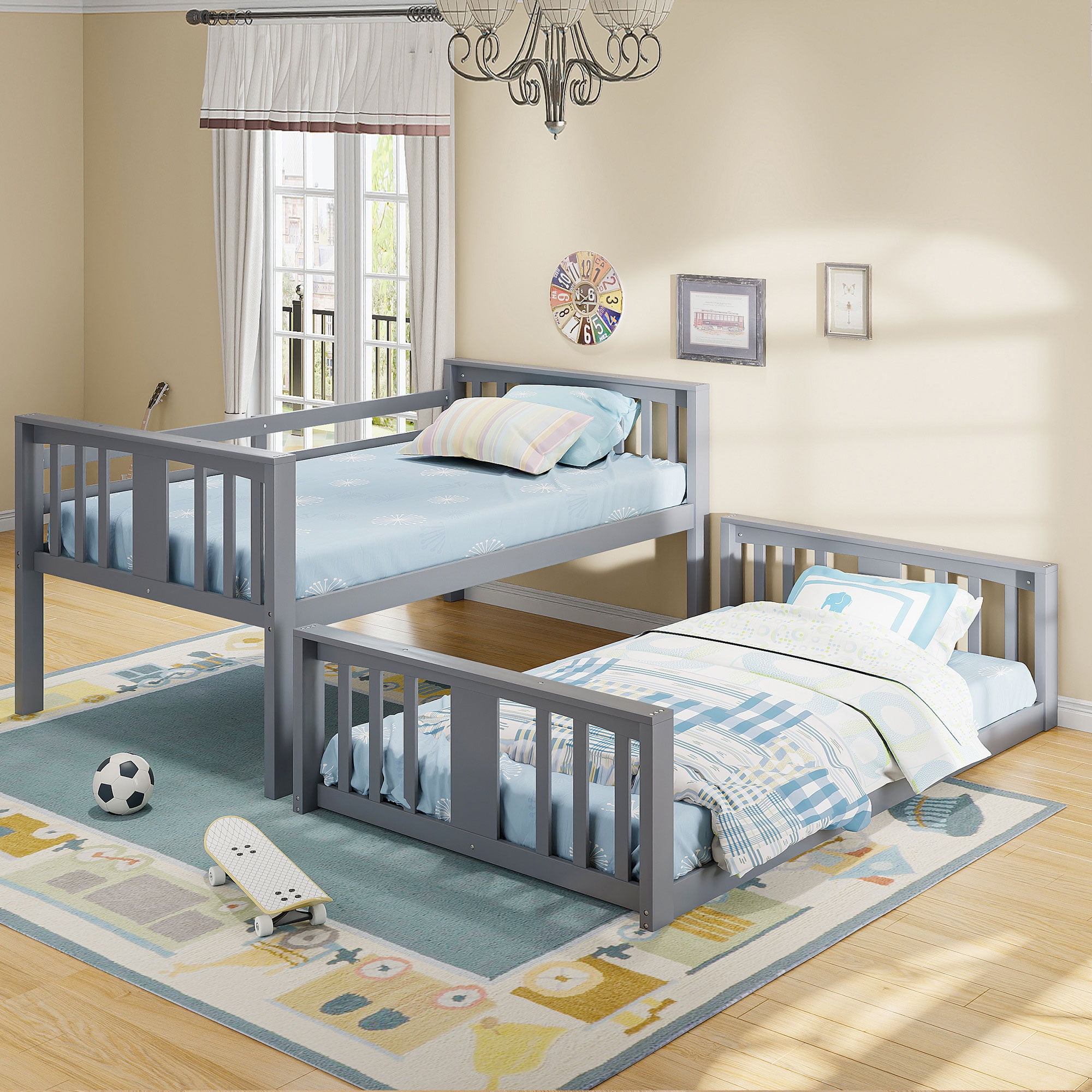 PORKISS Low Bunk Beds for Kids, New Upgraded Twin Over Twin Floor Bunk Bed with Ladder, Modern Bedroom Furniture Wood Bunk Bed for Boys Girls Teens, Easy Assembly, Gray