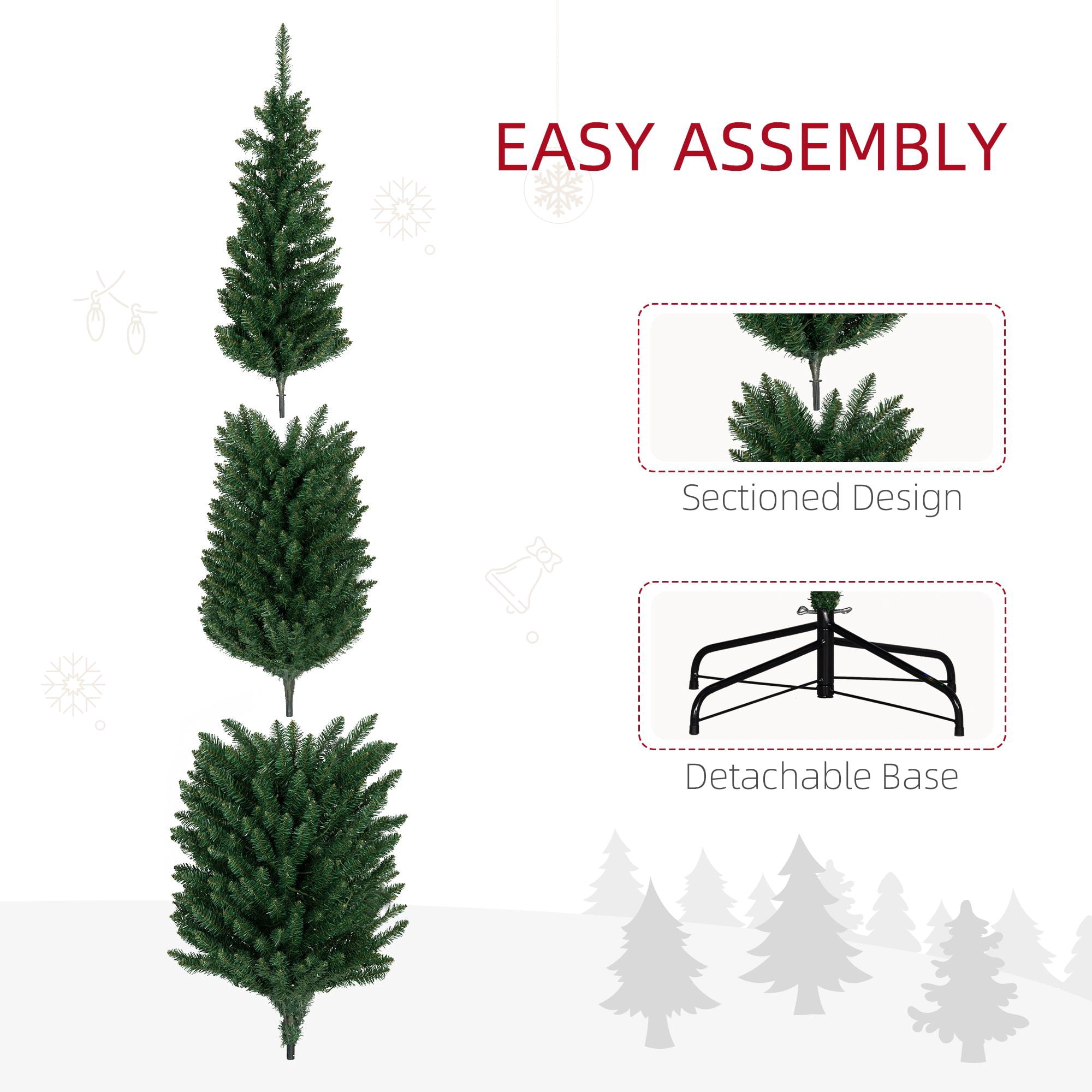 8 ft Artificial Pencil Christmas Tree with 250 Colorful LED Lights, 668 Tips, Steel Base, Skinny Slim Shape for Small Rooms and Entryways