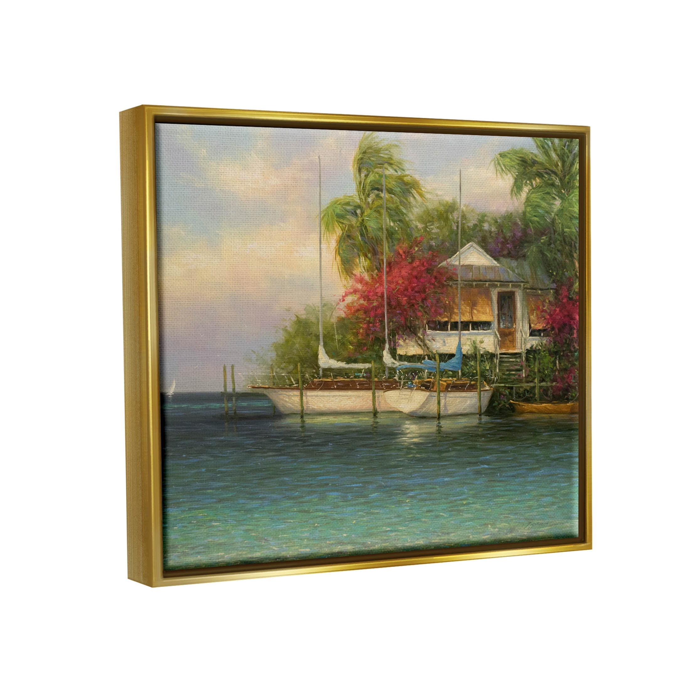Tropical Boats Waterfront Scenery Landscape Painting Metallic Gold Framed Art Print Wall Art