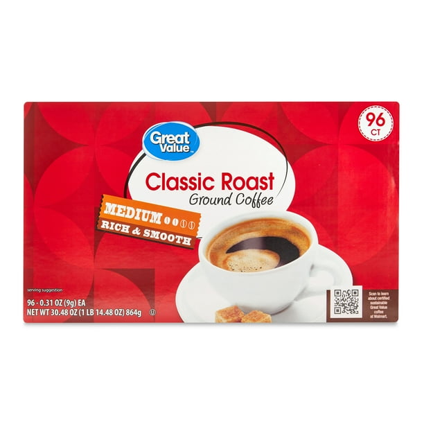 Great Value Classic Roast Ground Coffee Pods, 0.31 oz, 96 Count