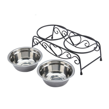 Walfront Stainless Steel Double Feeding Bowls Cats Dog Pet Water Food Feeder Dish With Retro Iron Stand Pet Food