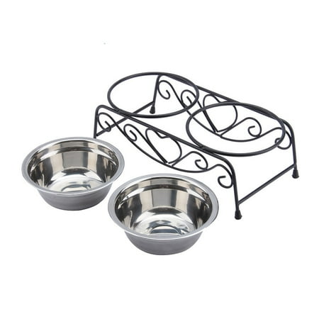 - Walfront Stainless Steel Double Feeding Bowls Cats Dog Pet Water Food Feeder Dish With Retro Iron Stand Pet Food Bowl