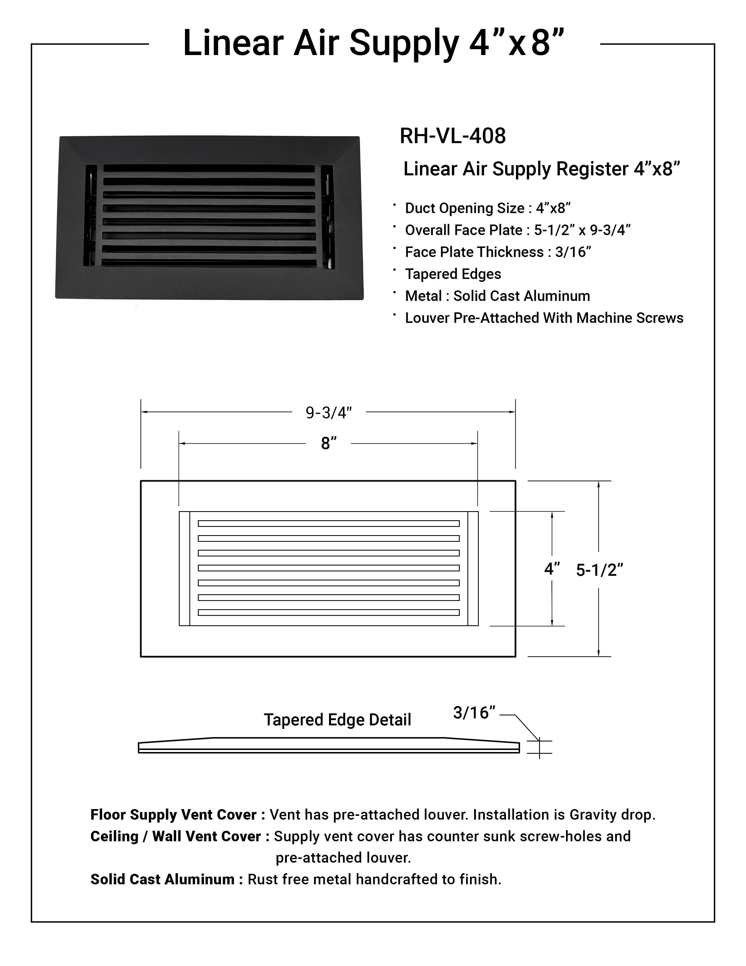 Linear 4"x8" Solid Cast Aluminum Air Supply louvered Vent | Powder Coated