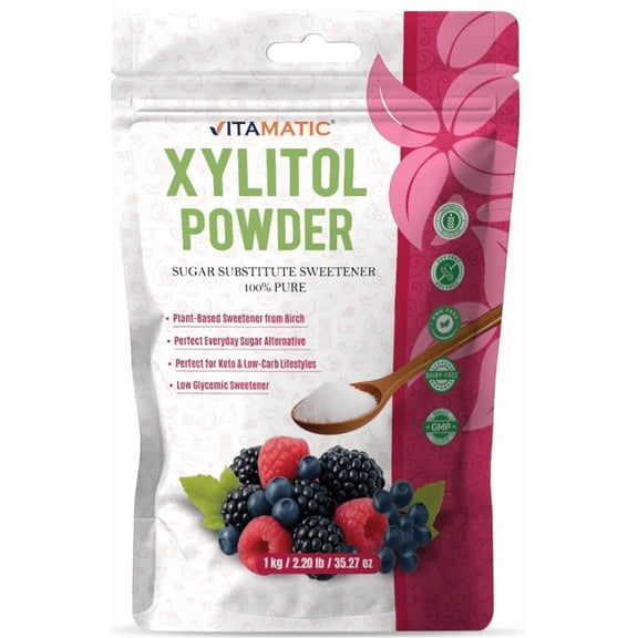 Vitamatic Xylitol Pure Powder 1 KG (2.2 lb) – 100% Pure Birch Derived Sweetener – Keto Friendly Sugar Substitute – Low Glycemic – Non-GMO, Vegan, Gluten Free