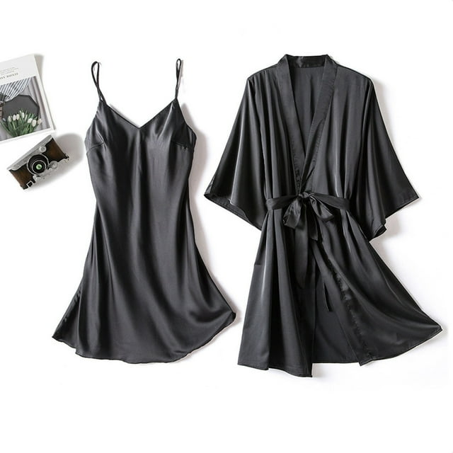 Weiqiqre Womens Pajamas Satin Robe Set Nightgown with Robes Silk Pajama Set 2 Pieces Cowl Neck Cami Sleepwear Sets