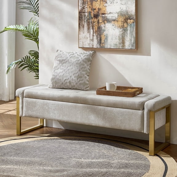 Tina's Home 55" Upholstered Storage Entryway Bench with Gold Metal Legs For End of Bed Ottoman Beige