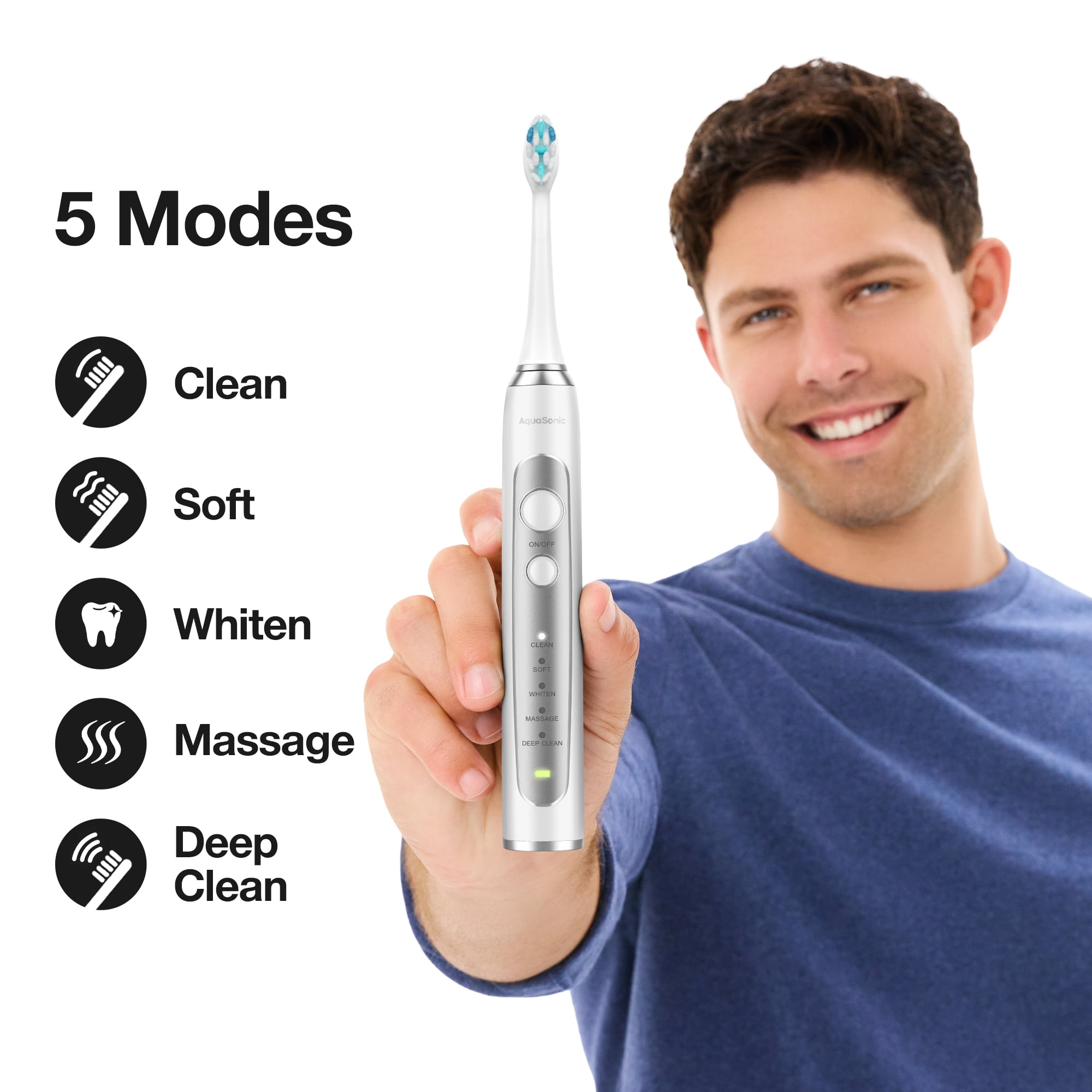 AquaSonic Precision Rechargeable Electric Toothbrush, 5 Modes, 30-Day Battery, Travel Case + 4 ProFlex Brush Heads - White