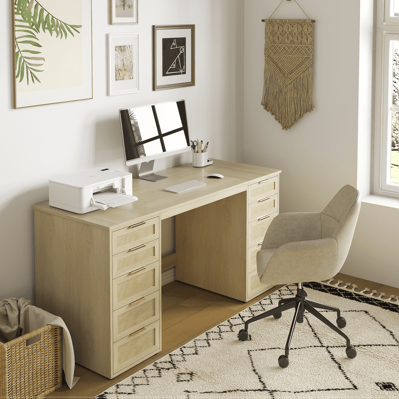 60" Boho Farmhouse Home Office Desk with 10 Wooden Drawers,Natural Brown