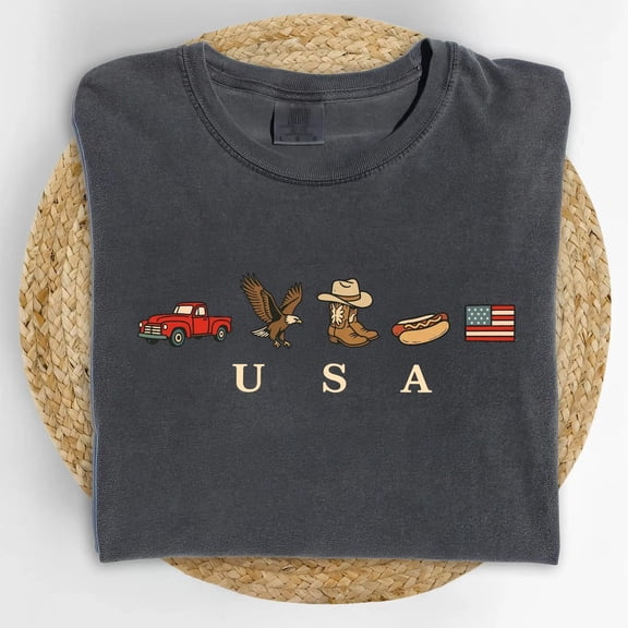 USA Country Western T-Shirt, Vintage Cowboy Americana Patriotic Tee with Pickup Truck Eagle Boots Flag, Unisex Comfort Colors Style