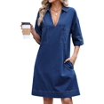 thumbnail image 2 of Vestido Camisero Vaquero para Mujer, de Verano, con Cuello en V, Minivestido Informal con Bolsillos. Azul Oscuro S, 2 of 9