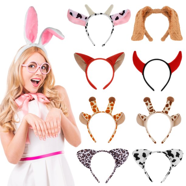 EeaseMX LURROSE - 9 tocados de fiesta con temática de animales, accesorios para el cabello, diademas para cosplay, accesorio para disfraz (vaca, zorro, cuerno de diablo, perro, gato, conejo, jirafa)