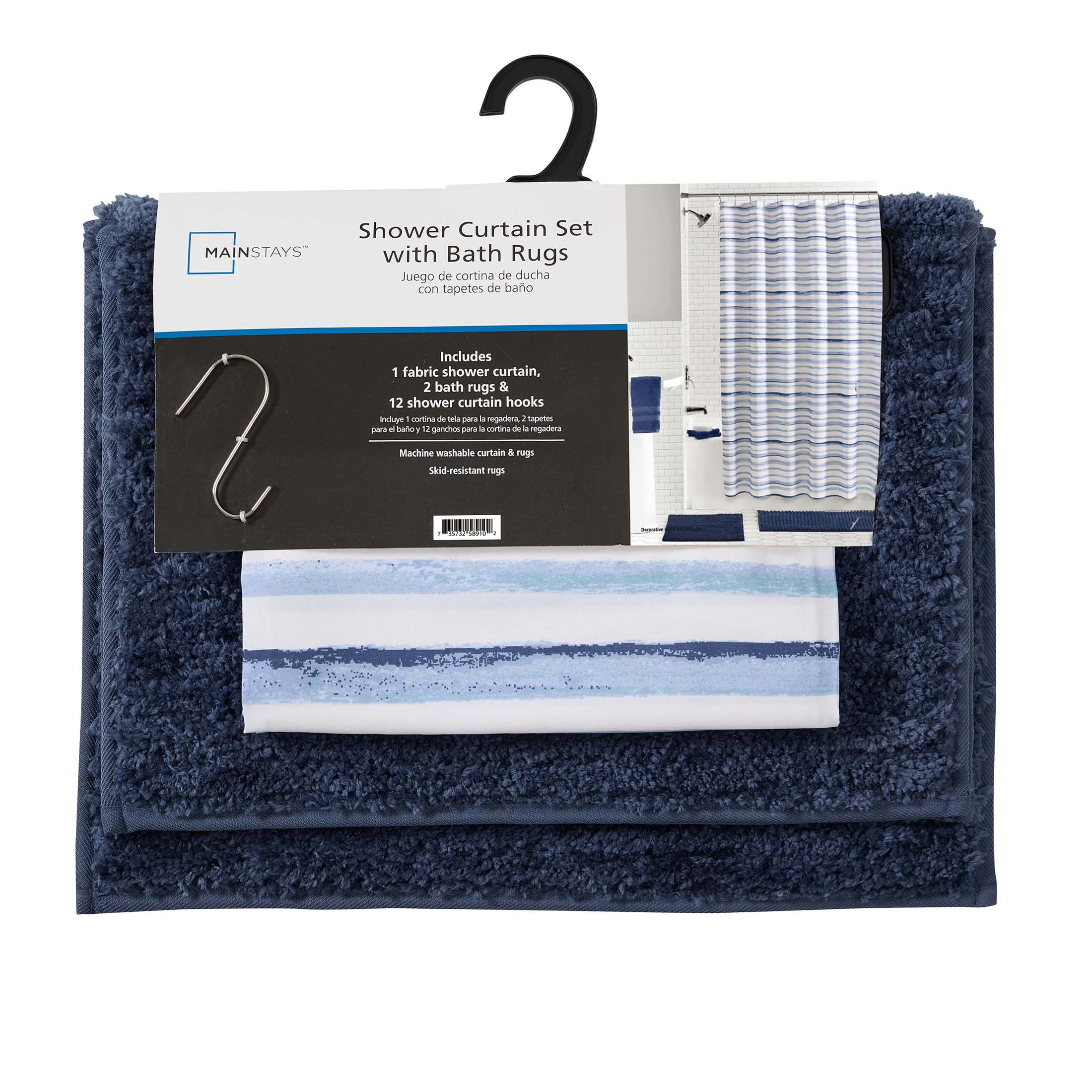 Mainstays Sketch Stripe 15 Piece Shower Curtain Bath Set, 70 x 72, Blue Placid