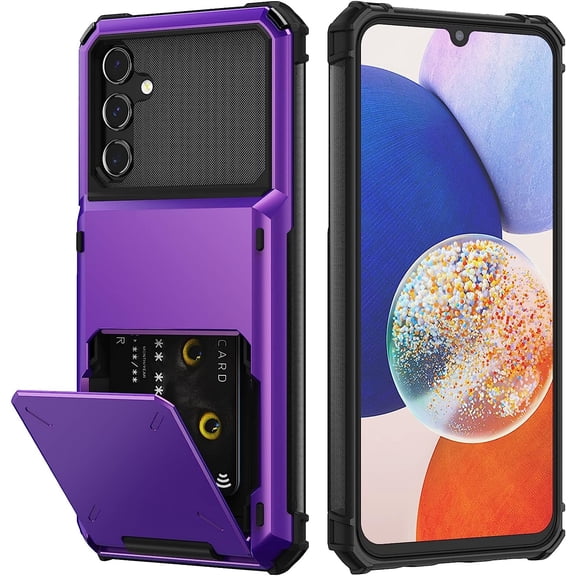 For Samsung A14 5G Case with Card Holder[Store 5 Cards] Dual Layer Heavy Duty Shockproof Galaxy A14 Wallet Case with Hidden Card Slot Large Storage Case for Samsung A14 5G(Purple)