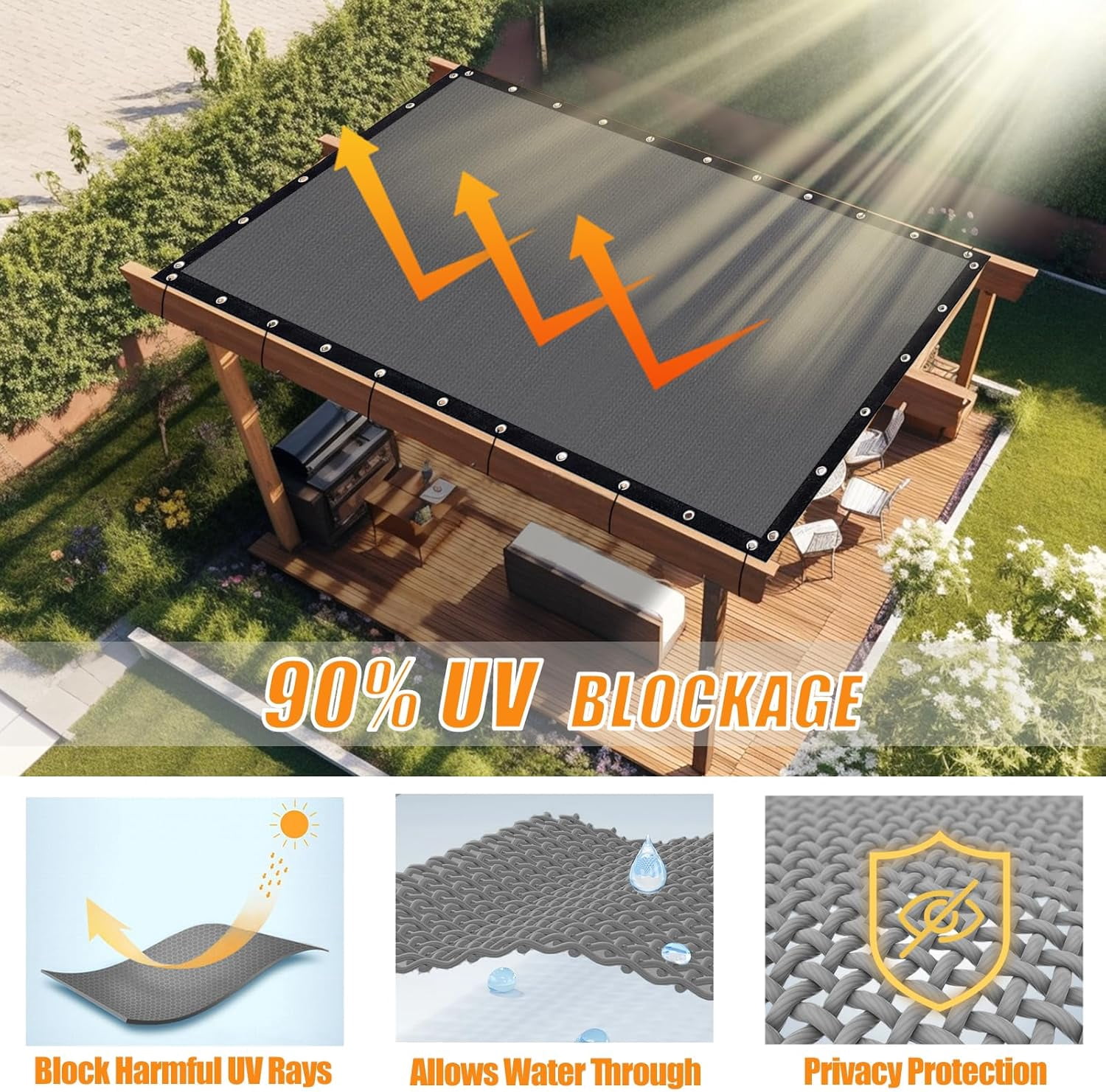 NAWAY 90% Sun Shade Cloth 12'x16' Outdoor Pergola Shade Cover Canopy with Grommets UV Block Privacy Screen for Patio, Backyards, Outdoor, Carport, Garden, Gray
