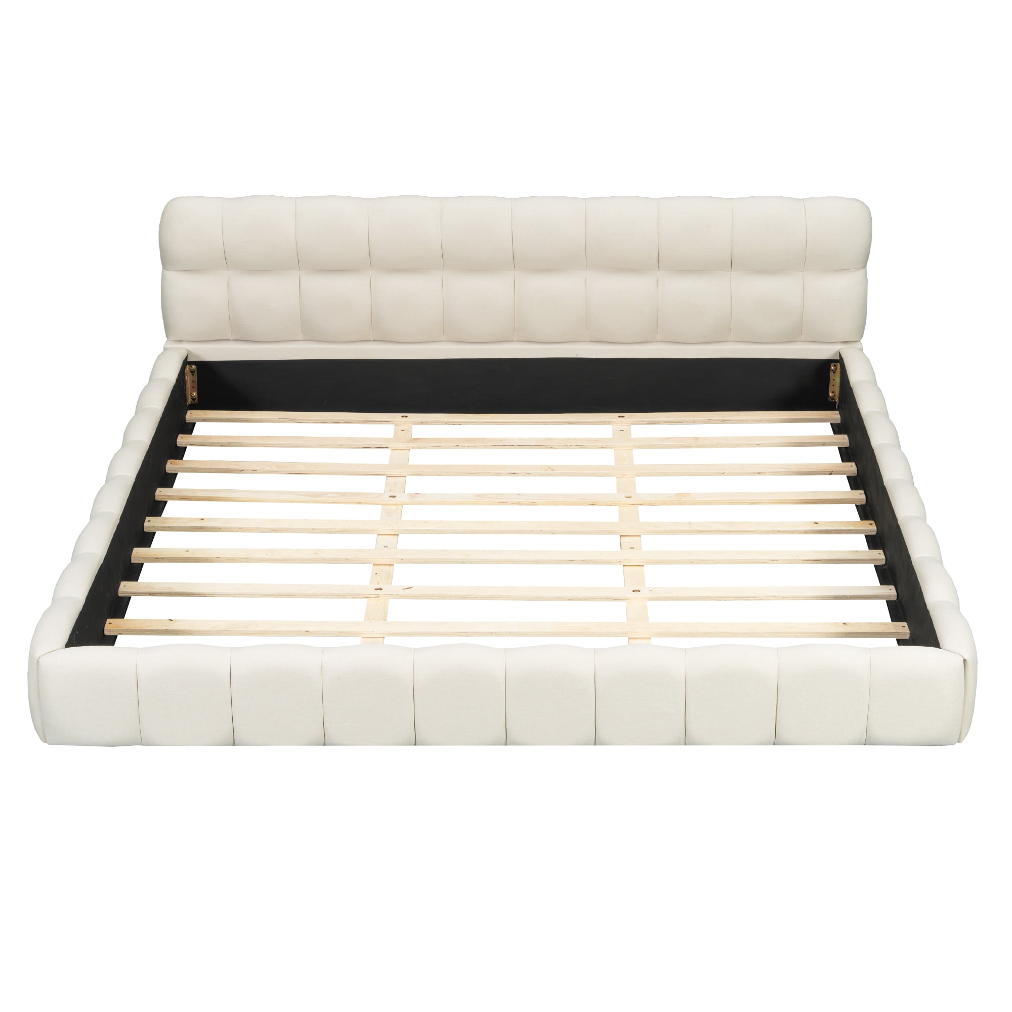 Aukfa King Size Upholstered Platform Bed, Modern Grounded Bed Frame with Thick Linen Fabric Headboard & Footboard, Beige