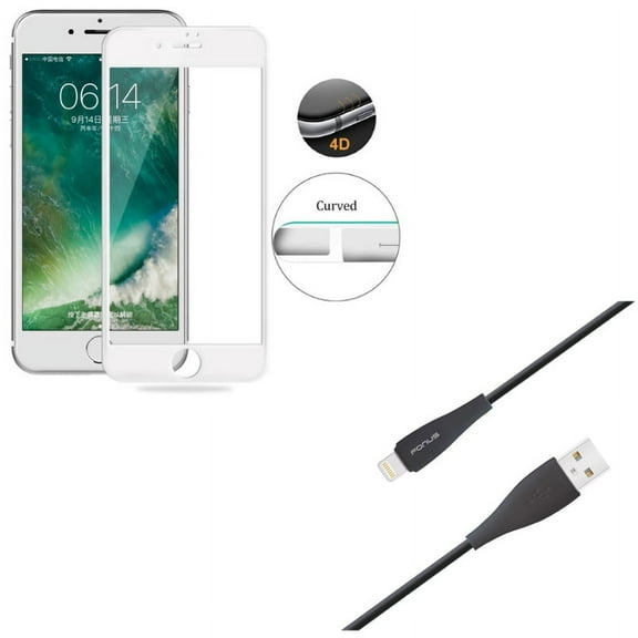 iPhone 8/7/6S/6 - Charger Cord 10ft USB Cable w Tempered Glass Screen Protector - Power Wire Long Sync Fast Charge, 4D Touch Curved Edge Full Cover Bubble Free Case Friendly for iPhone 8/7/6S/6