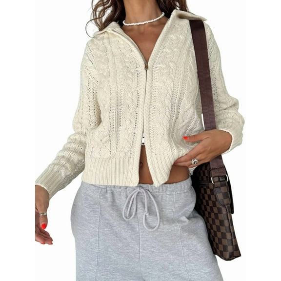 Women Trendy Collared Long Sleeve Zipper Front Cable Knit Cardigan Sweater Fall Oversized Coat White S