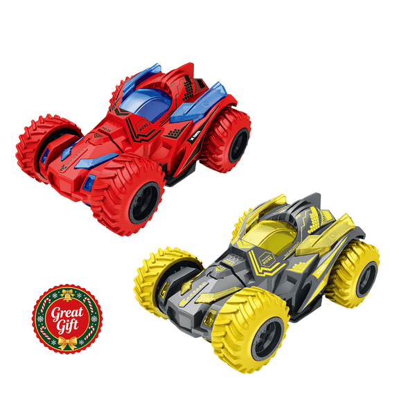 2PCS Friction Powered Double Sided Stunt Monster Truck, Pull Back Off-Road Climbing Race Car, Toddler Indoor Outdoor Play Vehicle, Christmas Birthday Holiday Gift for Boys Girls Ages 3  