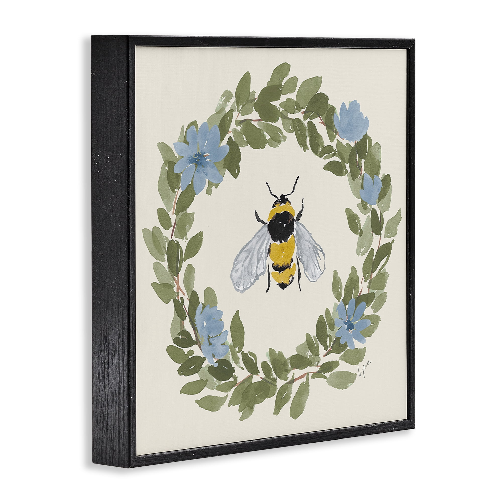 Stupell Industries Floral Wreath Bee Celebration Black Framed Giclee Art, design by Lucille Price