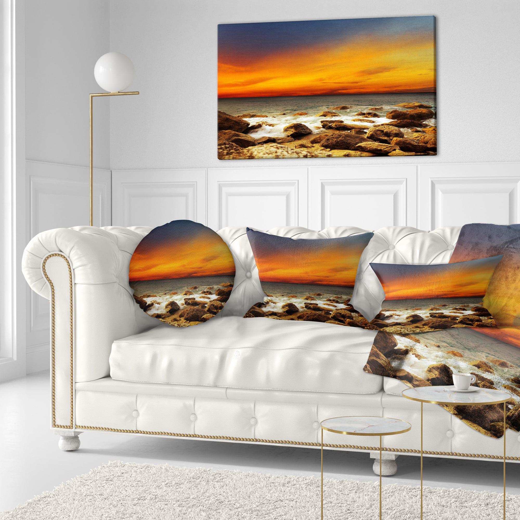 Designart Red Sky over Rocky Seashore - Beach Photography Throw Pillow - 12x20
