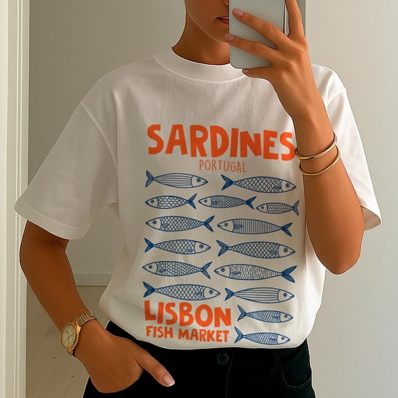 Portugal Sardines T-Shirt, Fish Sardine Shirt, Retro Fish Tattoo Graphic Tee, Vintage Coastal Style, Unisex Cotton T-Shirt, Sizes S-3XL