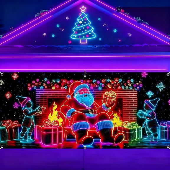 6*13ft UV Activated Christmas Garage Door Cover Banner, Glows in Dark 2D Flat Holiday Garage Door Covers with Cartoon Various Christmas designs, Xmas Outdoor Indoor Party Decoration A