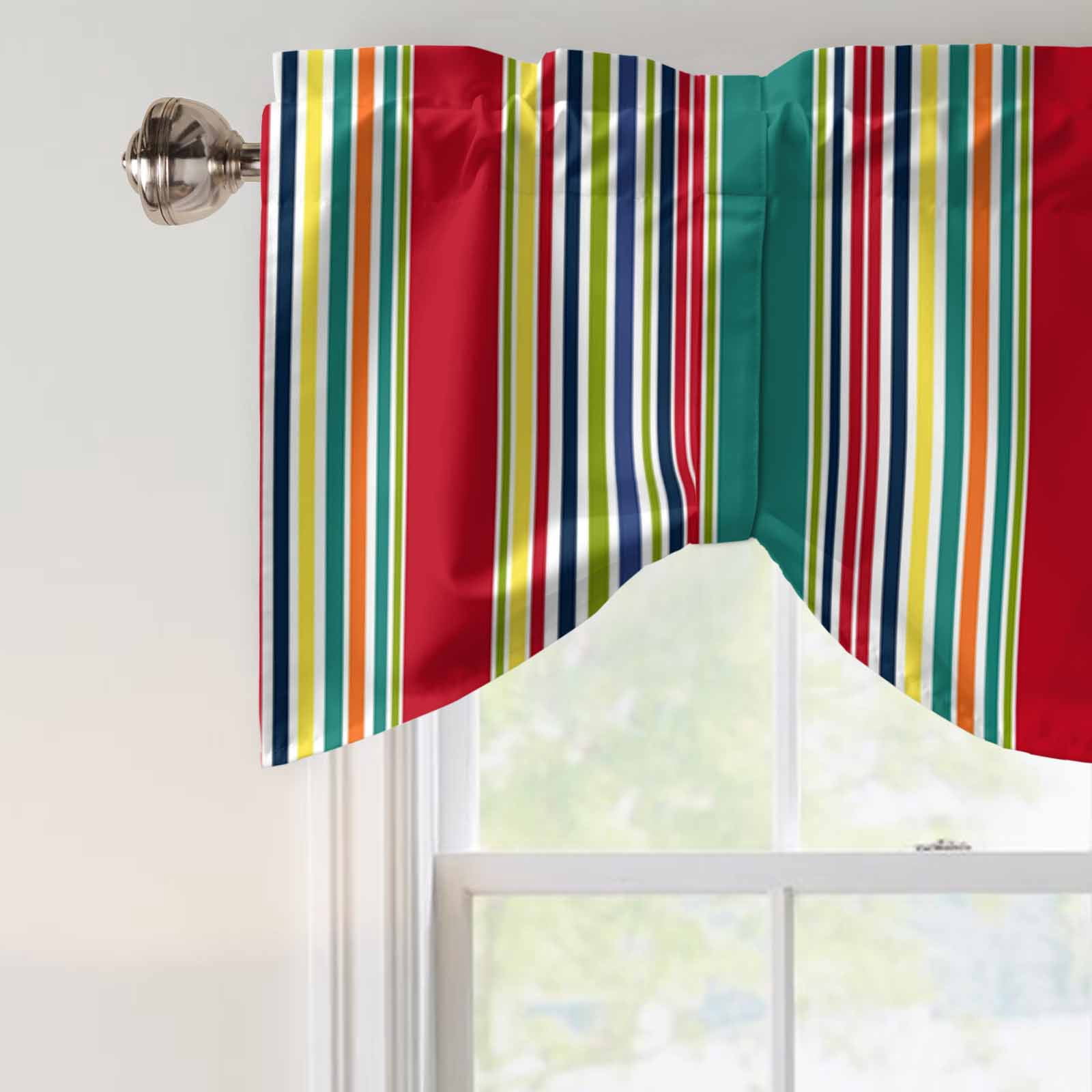 Colored Stripes Tie Up Valances Curtain, Adjustable Kitchen Abstract Red Teal Yellow Vertical Stripe Modern Valances for Windows Decor, Rod Pocket Short Curtains Set for Bedroom/Bathroom, 60"x18"
