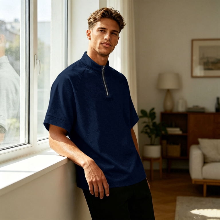 Zimjoy Men's Quarter Zip Mock Neck Short Sleeve Shirt Breathable