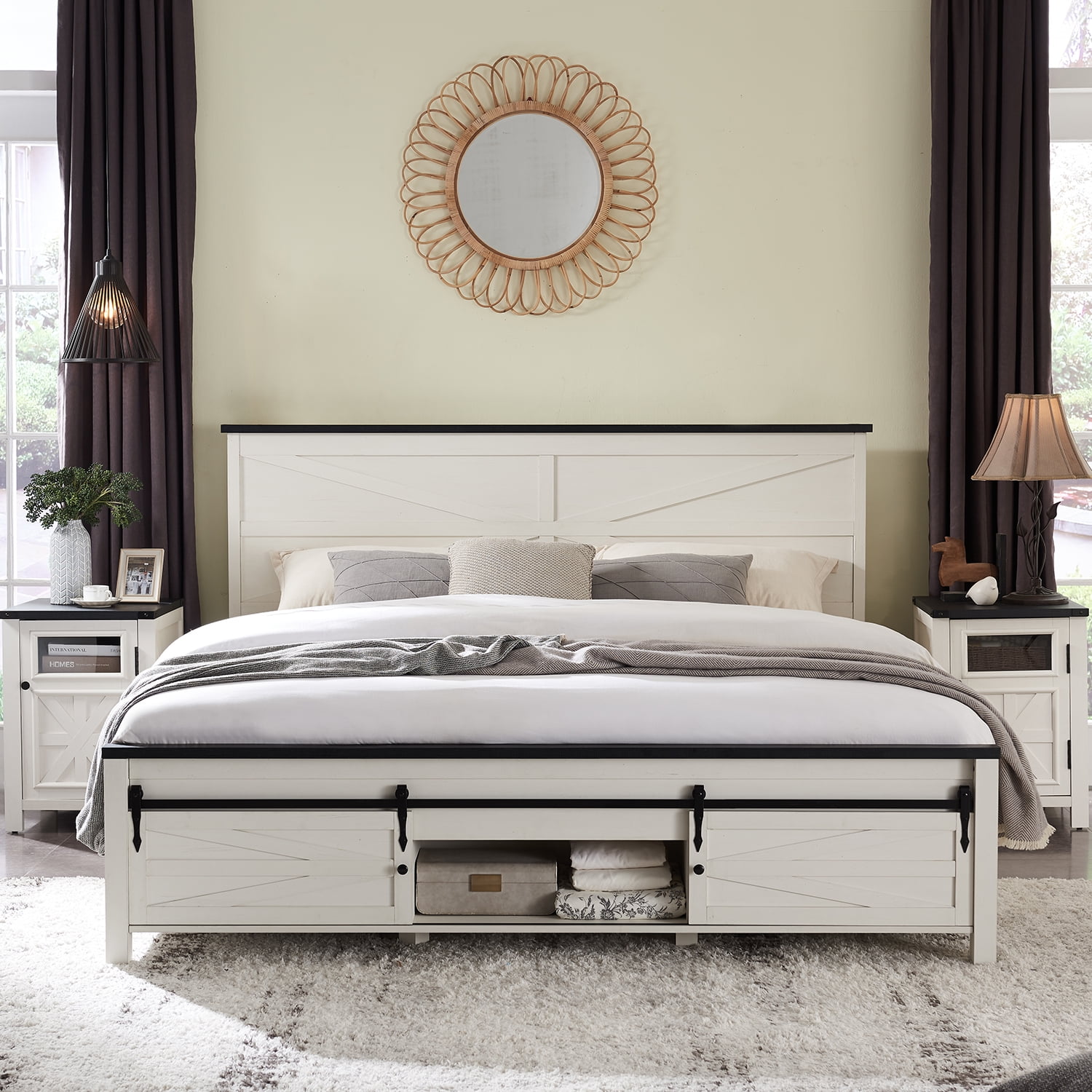 T4TREAM Farmhouse King Size Platform Bed Frame with Headboard and 3 Barn Door Storage Cabinets, No Box Spring Needed, Mattress Not Included, White