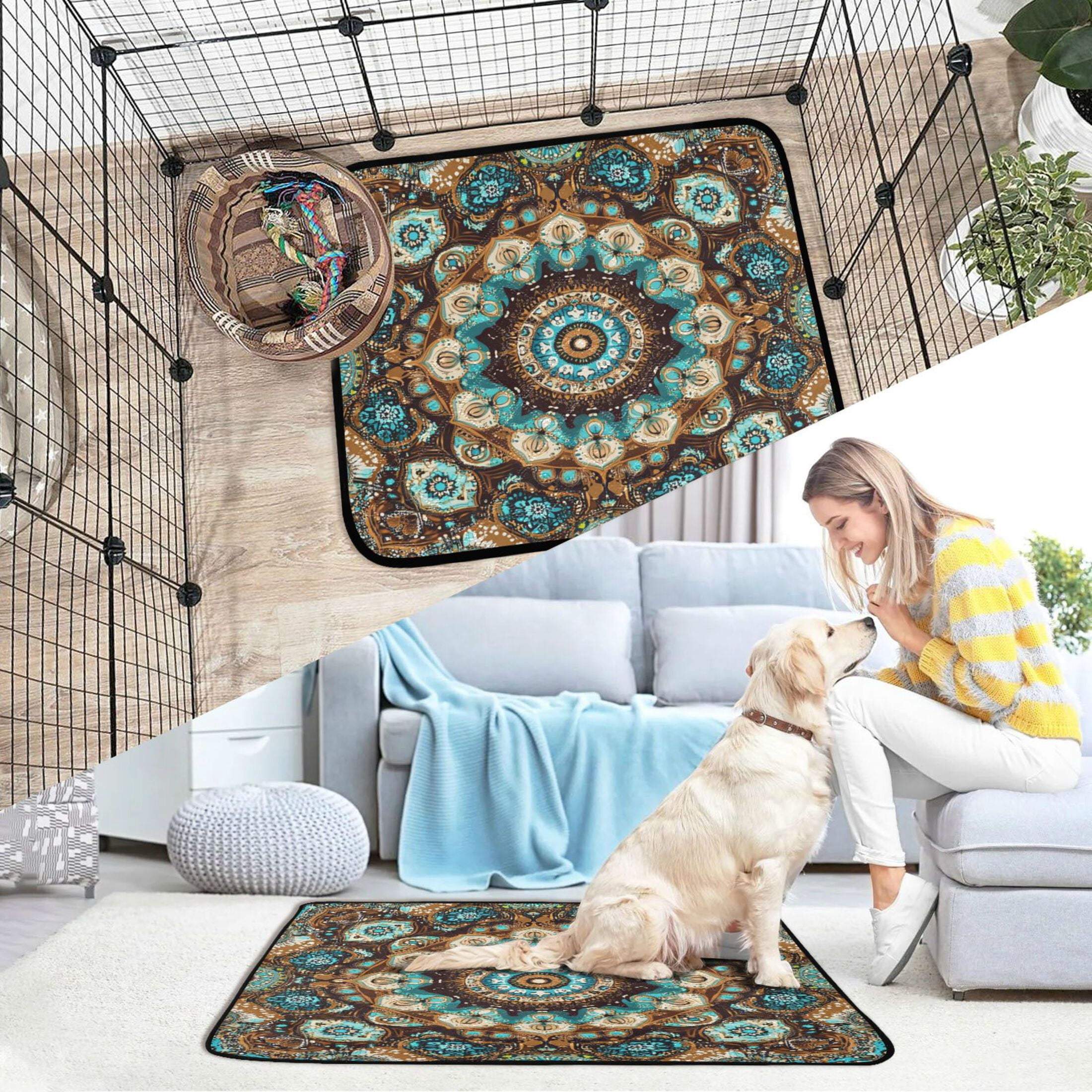 Qxltty Traditional Boho Pattern Cat litter Pads Pet Set of 3 Diaper Mats Center Anti-leakage Layer Absorbent Soft and Comfortable