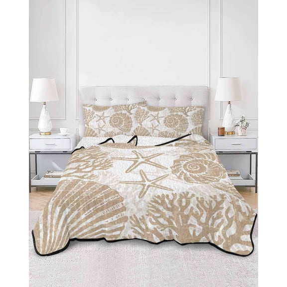 Quilts King Size, Light Brown Coastal Soft Comforter Bedding Set for Bed, Beach Starfish Nautical Coral Shell Summer Lightweight Quilted Bedspread with Pillow Cover(2 Pieces) All Season, 96x106 Inch