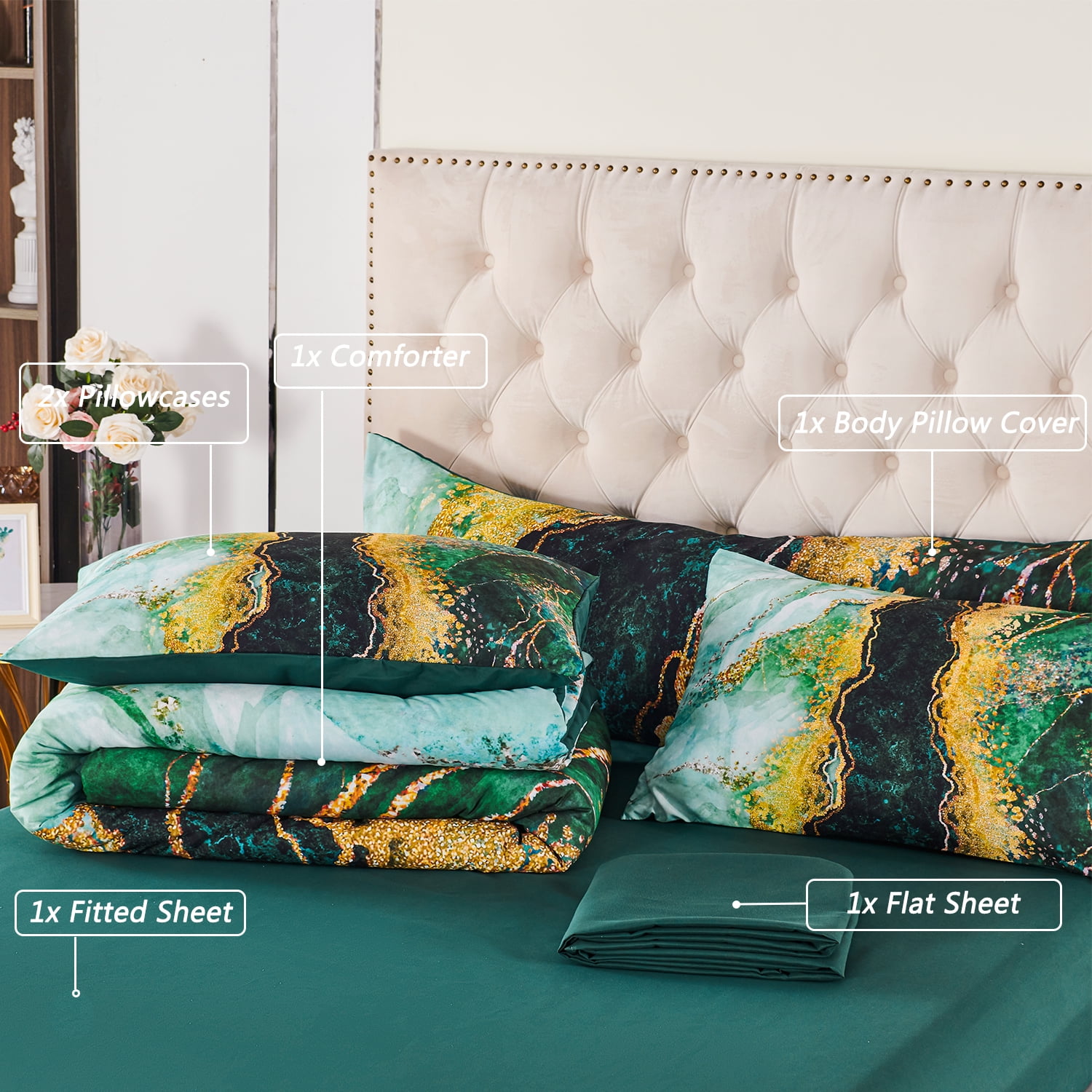 PERFEMET Green Watercolor Marble Comforter Set Tie Dye Queen Size Bedding Set with Matched Bed Sheets Colorful Retro Artwork Style Bed Collections Super Soft Breathable Quilt Set(Green,Queen)