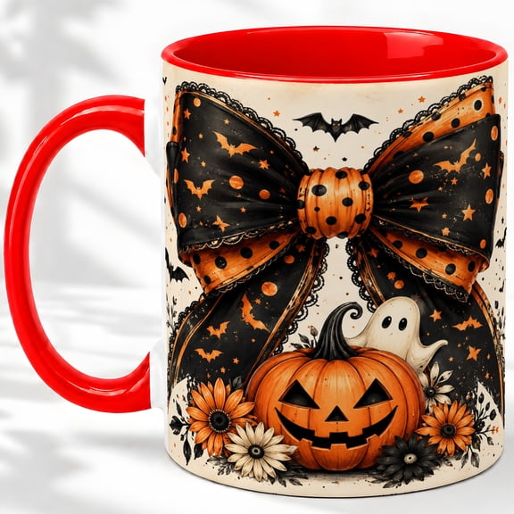 Halloween Bow Pumpkin Accent Mug, 11oz Ceramic Coffee Cup Ceramic mug featuring bow, jack o lantern, ghost, bats, and daisies for Halloween decor