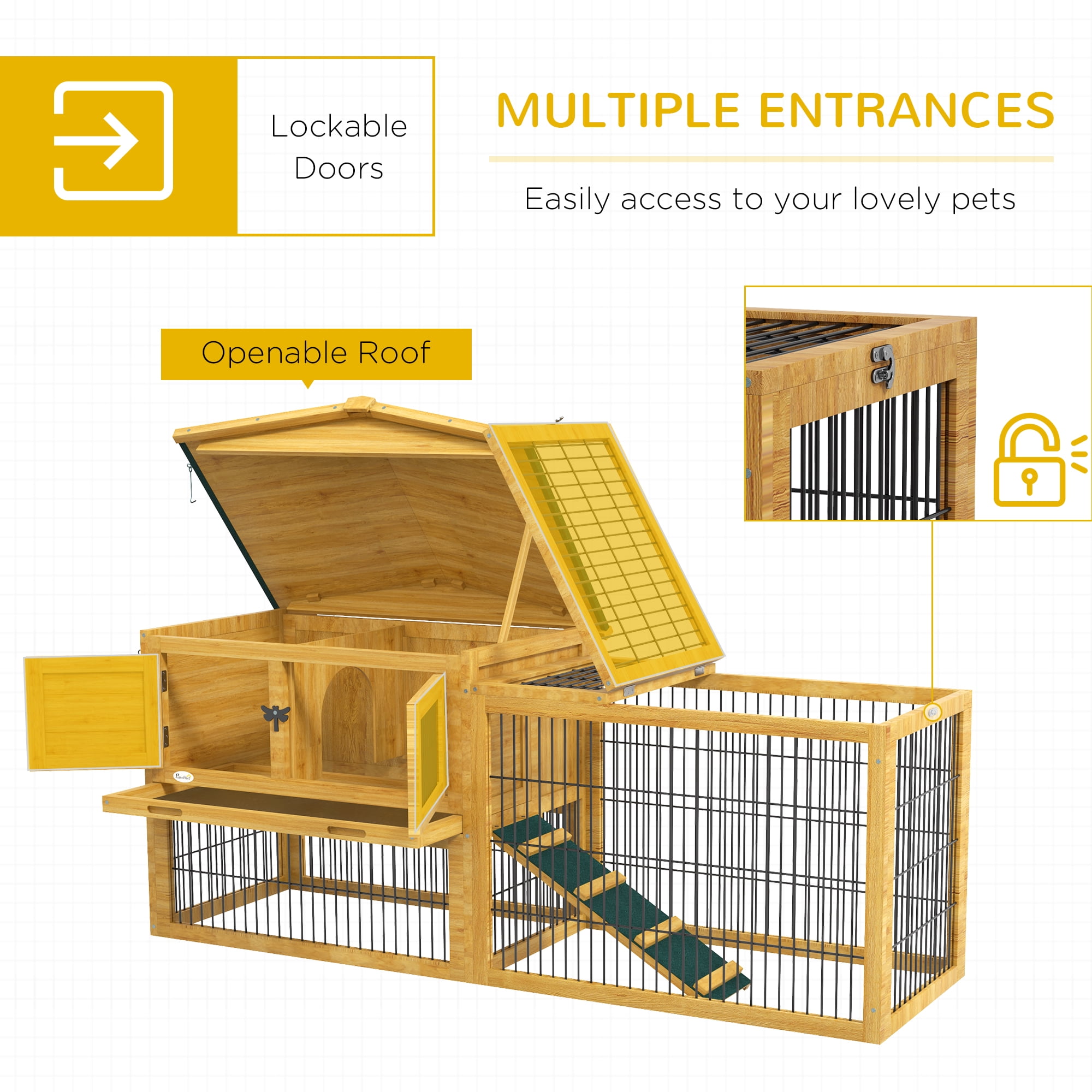 2 Levels Outdoor Rabbit Hutch with Openable Top, 59" Wooden Large Rabbit Cage with Run Weatherproof Roof, Removable Tray, Ramp, Yellow