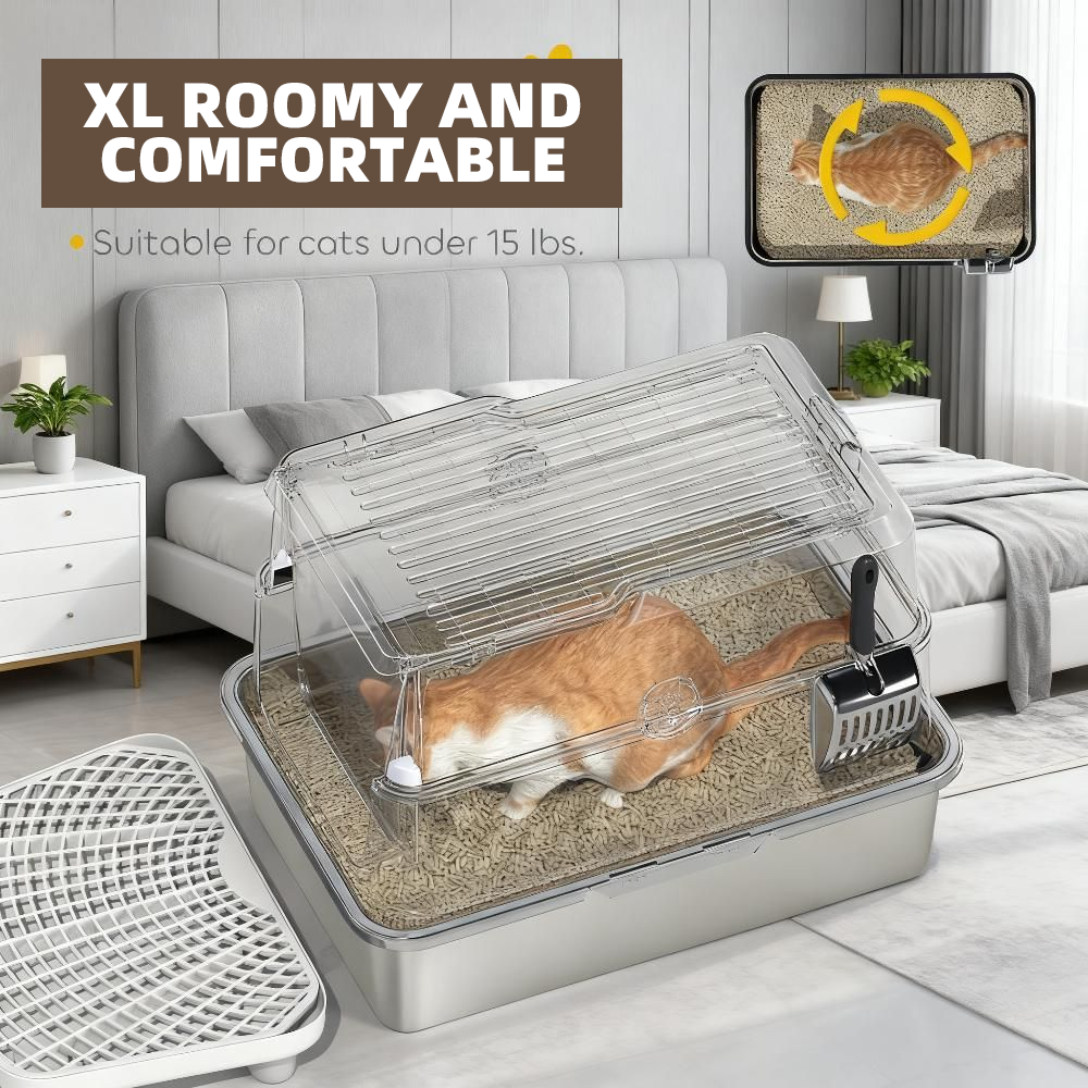 LUMAMIN Cat Litter Box, XL Stainless Steel Cat Box Enclosure with  Flip Cover and Deodorizer Pack Slot for Cats up to 15 lbs, Light Gray, 23.8"L x 15.9"W x 16.5"H