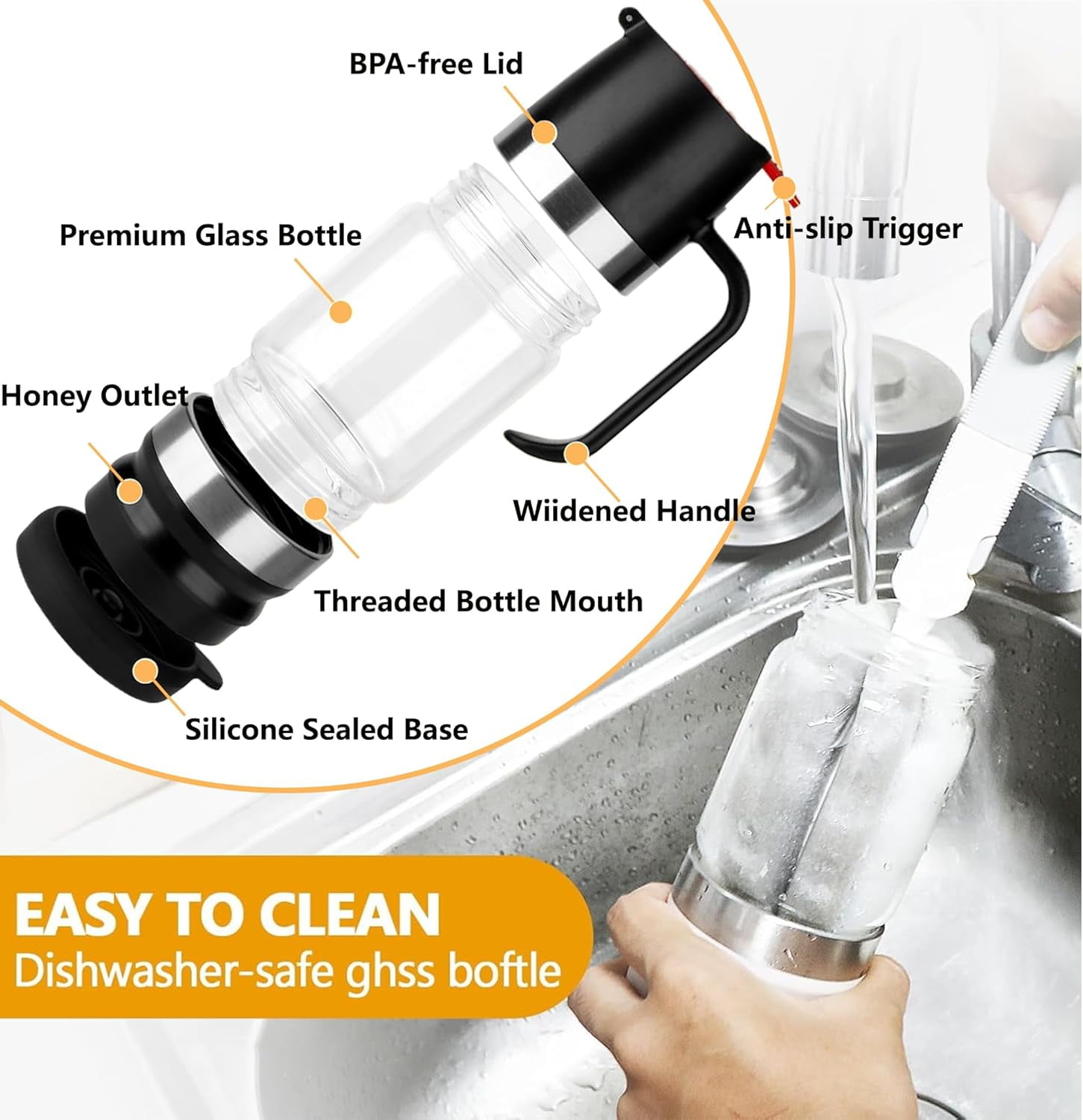 Glass Honey Dispenser Pot: 9 OZ Honey Dispenser No Drip with Handle, Maple Syrup Dispenser, Durable Clear Honey Jar with Silicone Base, Honey Pot for Coffee or Tea (Black)