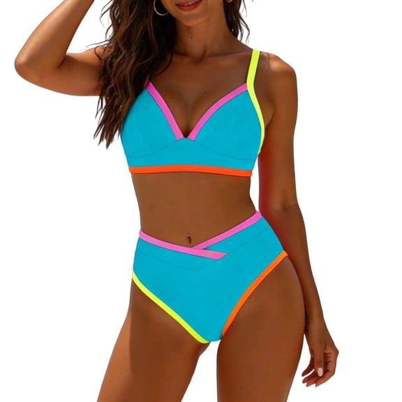UTSJKR Women's V Neck Colorblock Tie Back Bikini Swimsuit, Padded Wireless 2 Piece Bathing Suit for Summer Vacation Beach Wear Light Blue S