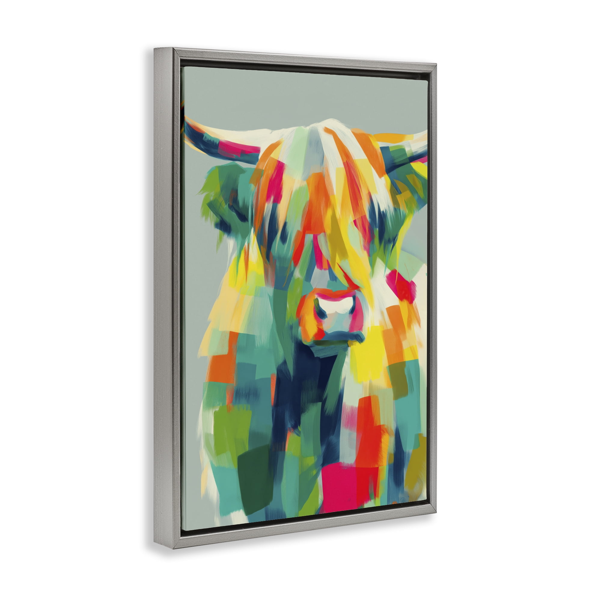 Stupell Industries Highland Cow Abstract Patchwork Gray Framed Floater Canvas Wall Art, design by Chromatic Storm Studio