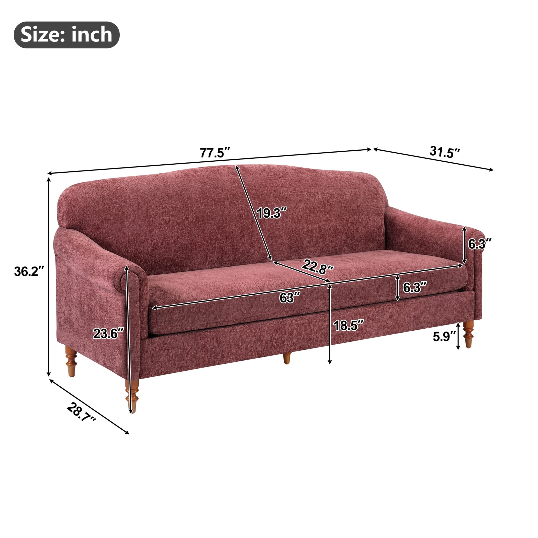 Christopher Knight Home 77.5" Chenille Loveseat Sofa with Rolled Arms, Classic Design 2-seater Couch, Red