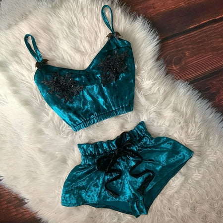 

Huachen Women V-Neck Eyelash Beaded Sexy Stain Camisole Pajamas Bowknot Shorts Set