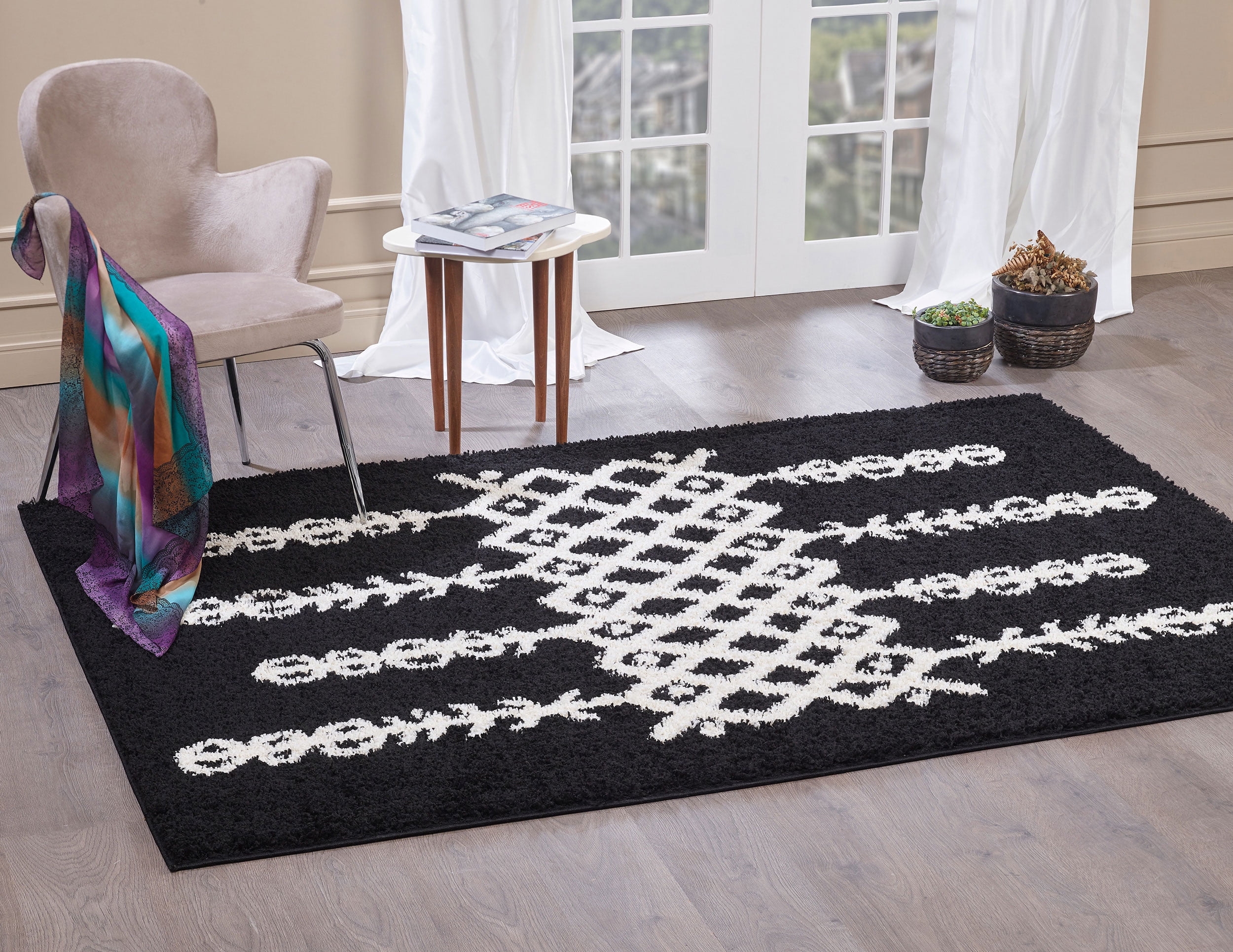 A2Z Rug Modern & Traditional Moroccan 5533 Black Shaggy Area Rug