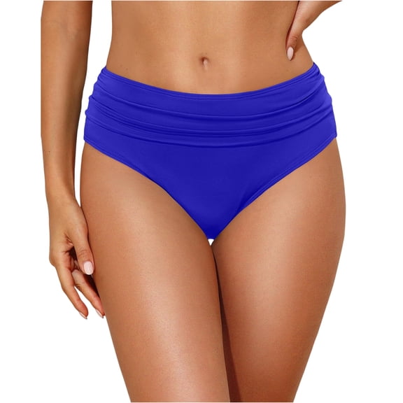 Women Mid Rise Bikini Bottoms Full Coverage Swimsuit Ruched Scrunch Swim Bottom Royal Blue L