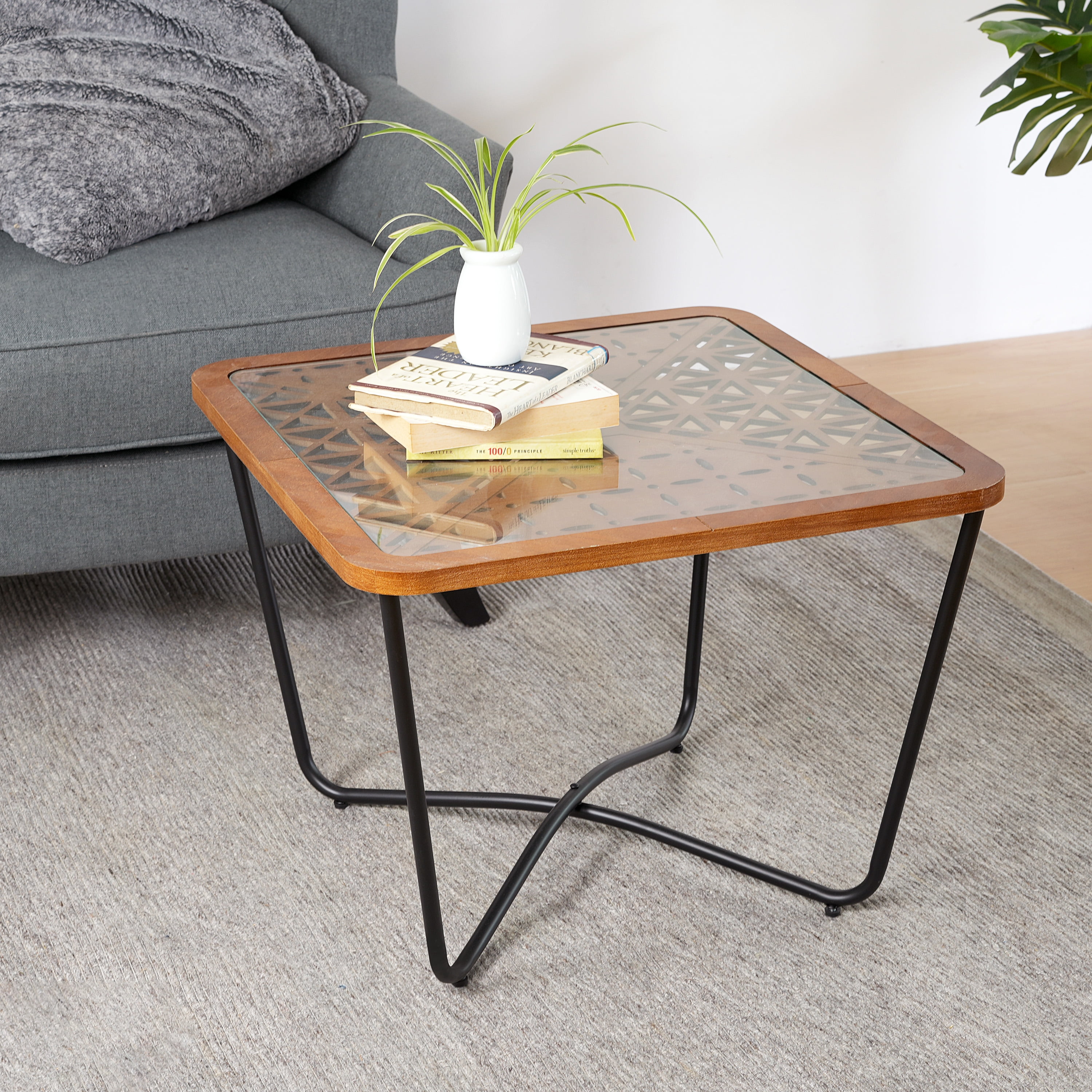 Coffee Table, Modern Square Coffee Table With Geometric Tempered Glass Top Black Metal Frame And Wood Accents, Industrial Design For Living Room, Brown Black