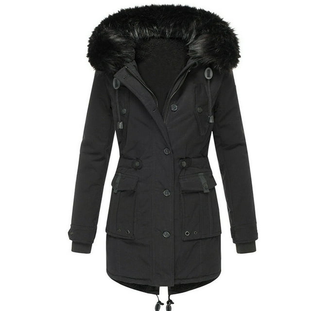 CEHVOM Women's Winter Padded Hooded Drawstring Mid-Length Cotton-Padded Jacket Pocket Zipper Coat