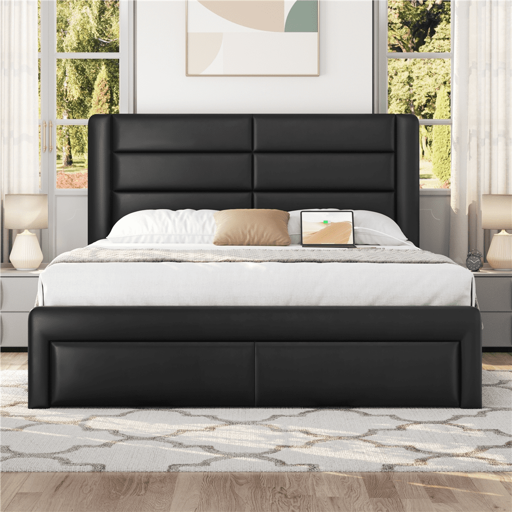 Renwick Upholstered Platform Bed with Storage Drawers and USB Ports, All Ages, Black, Queen
