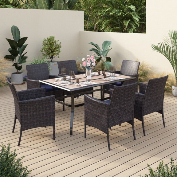 Alpha Joy 7 Pieces Outdoor Patio Dining Set, Wicker Dining Chairs and Outdoor Dining Table with PVC Table Top