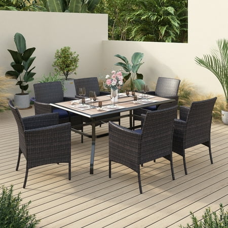 Sophia & William 7 Pieces Outdoor Patio Dining Set Wicker Dining Chairs and Outdoor Dining Table with PVC Table Top