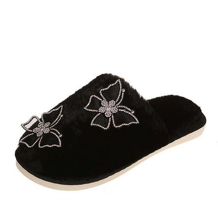 

Honeeladyy Autumn Large Size Flat-heeled Flat-bottomed Toe-type Plush Women s Slipper Black Clearance under 10$