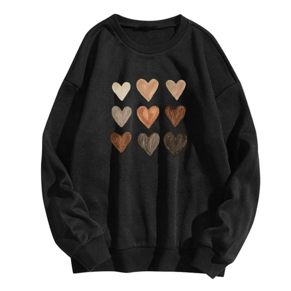 WREESH Women's Casual Long Sleeve Crewneck Sweatshirt Fall Hoodless Heart Graphic Pullover Top Black
